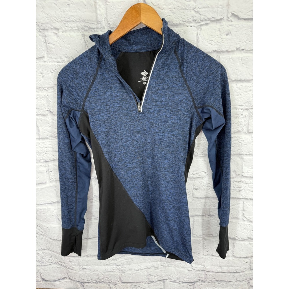 Rabbit Running  Womens Quarter Zip Running Top Blue Black Long Sleeve  Small